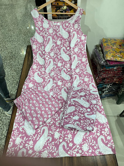 Sky Blue & Pink Paisley Printed Sharara Sleeveless Set - Traditional Block Print with Matching Dupatta (3 piece set)