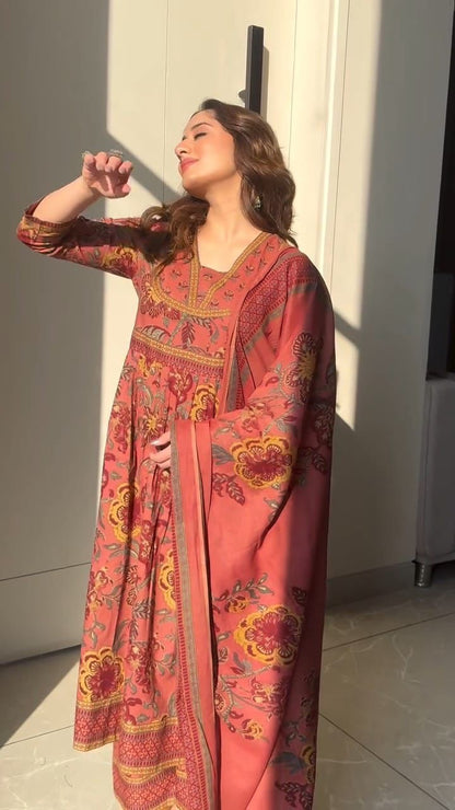 Bannisaa Vintage Floral Print Straight Kurta Set with Dupatta (3 piece suit)