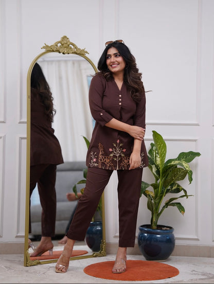 Bannisaa Deep Brown Embroidered Short Kurta Set