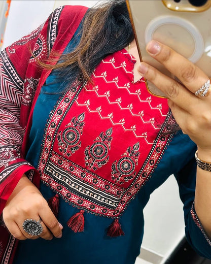 Bannisaa Classic Salwar Suit with Ajrakh Print Dupatta - Traditional Comfort Wear (3 piece suit)