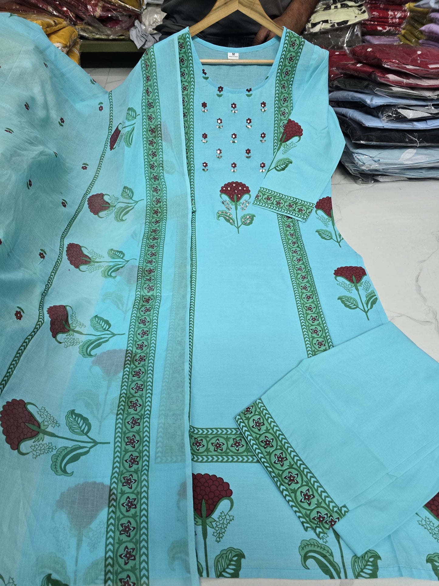Bannisaa Block Printed Rose Motif Kurta Set - White Cotton Suit with Green Border & Matching Dupatta (3 piece suit)