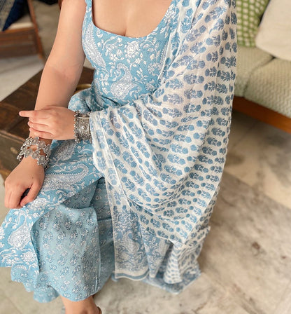 Sky Blue & Pink Paisley Printed Sharara Sleeveless Set - Traditional Block Print with Matching Dupatta (3 piece set)