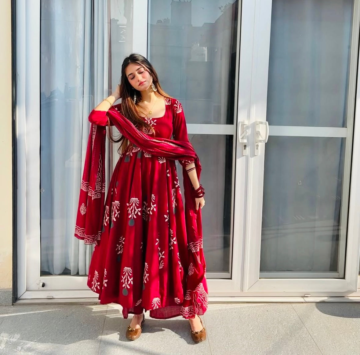 Bannisaa Deep Red Handblock Printed Anarkali Set