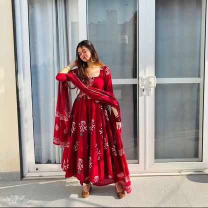 Bannisaa Deep Red Handblock Printed Anarkali Set