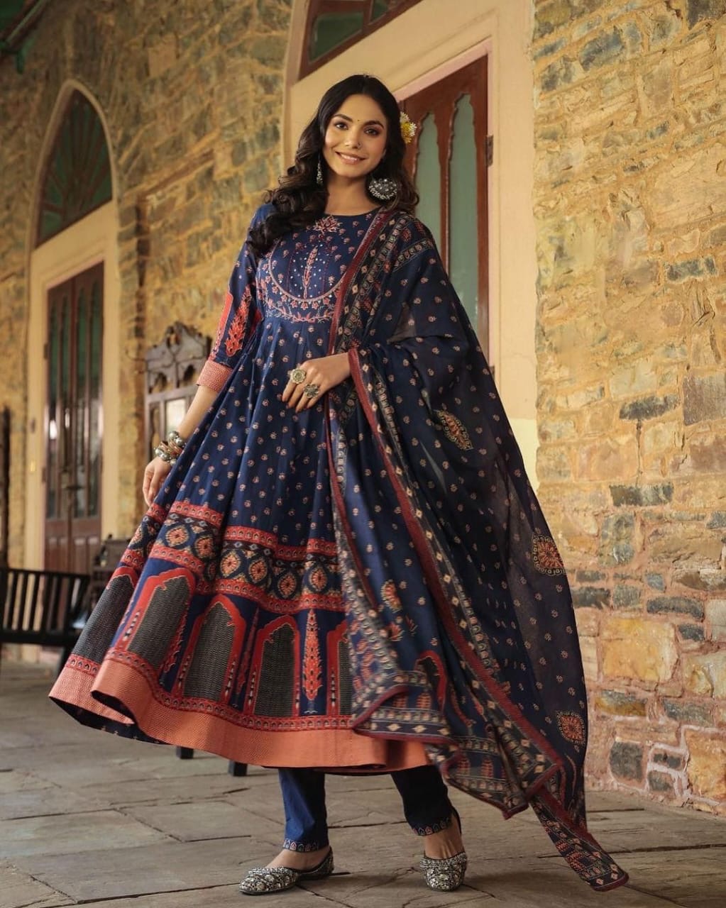 Bannisaa Midnight Blue Vintage Charm Anarkali Set - Classic Florals with Traditional Embroidered Yoke