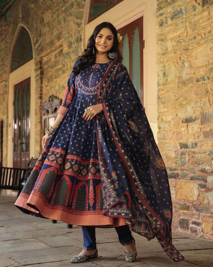Bannisaa Midnight Blue Vintage Charm Anarkali Set - Classic Florals with Traditional Embroidered Yoke