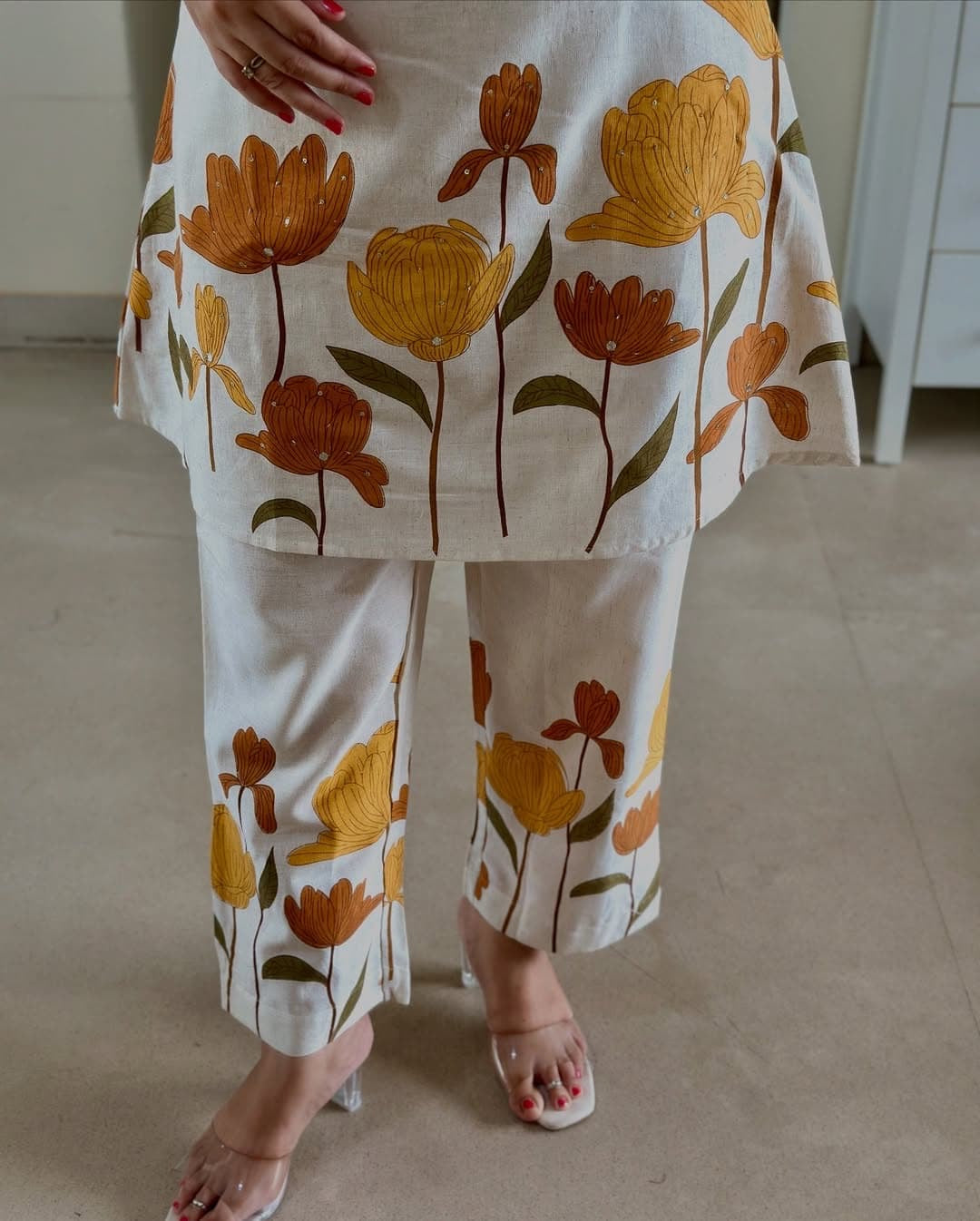 Bannisaa Pearl Embellished Floral Co-ord Set - White Tunic with Golden Bloom Print & Matching Pants