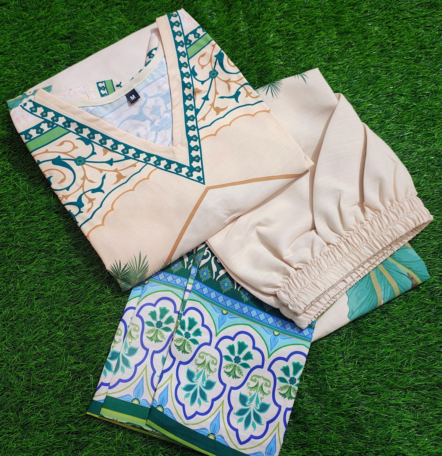 Bannisaa Tropical Paradise Muslin Printed Co-ord Set - Ivory & Turquoise Ensemble