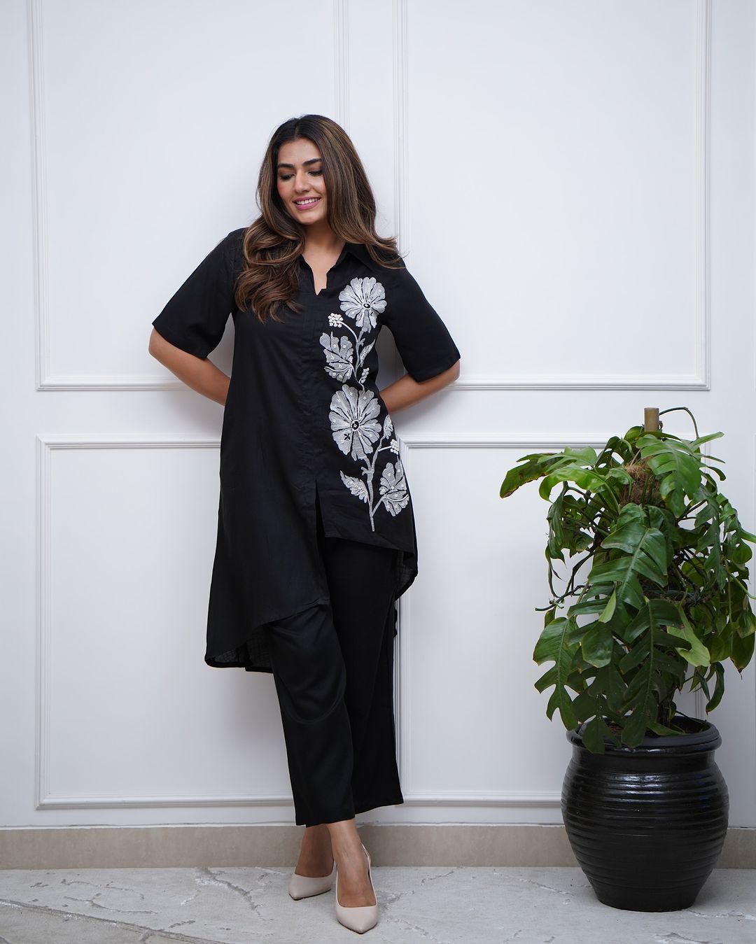 Bannisaa Black Asymmetrical Floral Kurti Co-ord Set