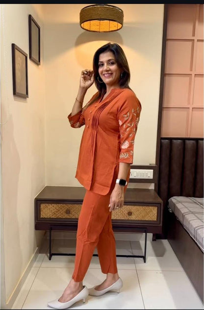Bannisaa Rust Orange Embroidered Co-ord Kurti Set