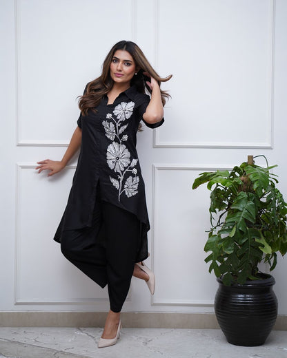 Bannisaa Black Asymmetrical Floral Kurti Co-ord Set