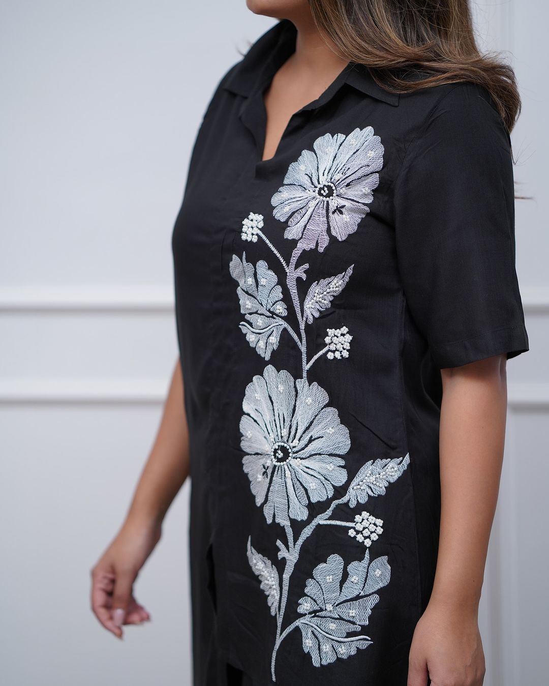 Bannisaa Black Asymmetrical Floral Kurti Co-ord Set