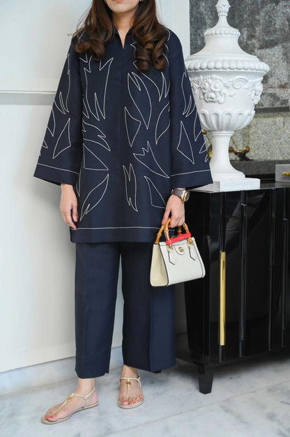 Bannisaa Navy Blue Abstract Embroidered Co-ord Set