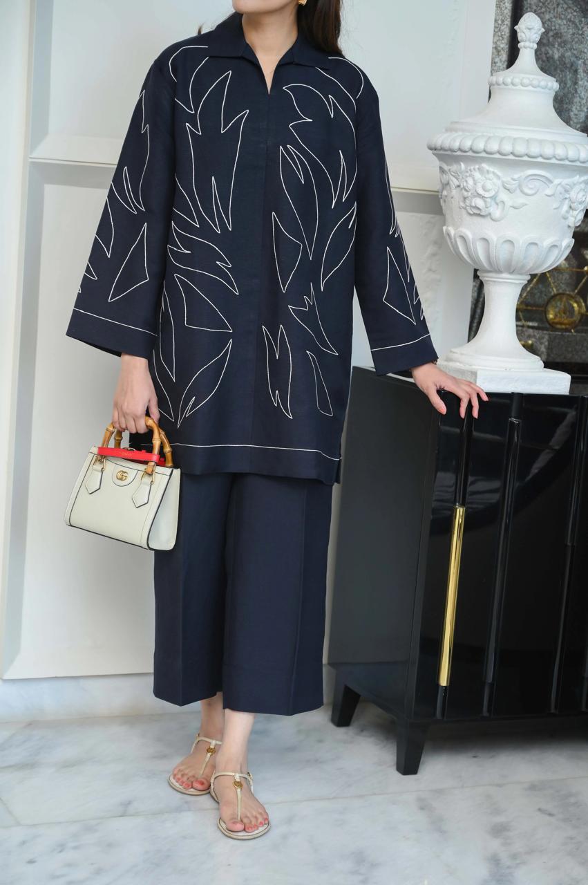 Bannisaa Navy Blue Abstract Embroidered Co-ord Set