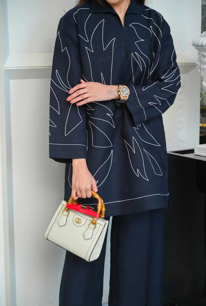 Bannisaa Navy Blue Abstract Embroidered Co-ord Set