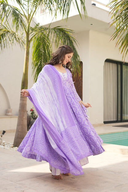 Bannisaa Lavender Bliss Pure Cotton 3-Piece Anarkali Suit Set with Dupatta