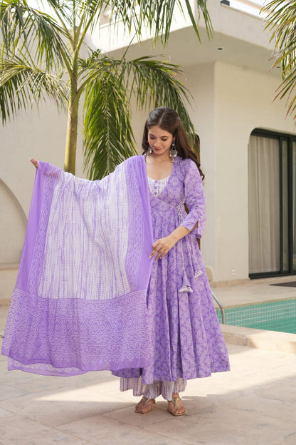 Bannisaa Lavender Bliss Pure Cotton 3-Piece Anarkali Suit Set with Dupatta