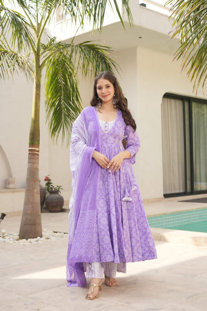 Bannisaa Lavender Bliss Pure Cotton 3-Piece Anarkali Suit Set with Dupatta