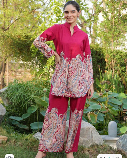 Bannisaa Gulnaar Paisley Printed Maroon Cotton Co-ord Set