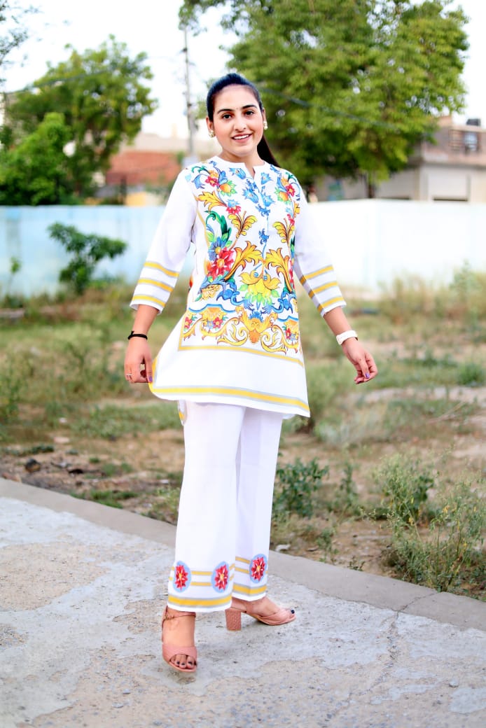 Bannisaa Amalfi Bloom White & Multicolor Cotton 2-Piece Co-ord Set