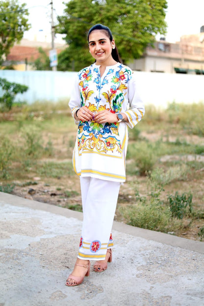 Bannisaa Amalfi Bloom White & Multicolor Cotton 2-Piece Co-ord Set