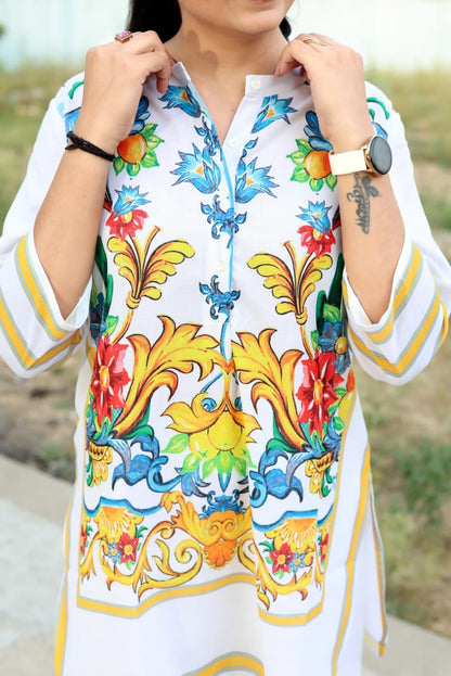 Bannisaa Amalfi Bloom White & Multicolor Cotton 2-Piece Co-ord Set