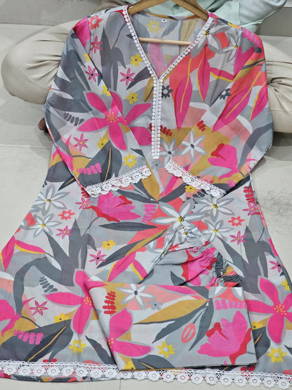 Bannisaa Tropical Bloom Tassel Co-ord Set - Grey Floral Print Ensemble with White Pom-Pom Details