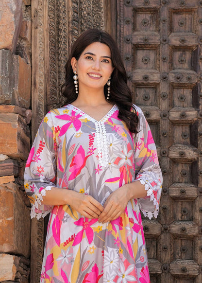 Bannisaa Tropical Bloom Tassel Co-ord Set - Grey Floral Print Ensemble with White Pom-Pom Details