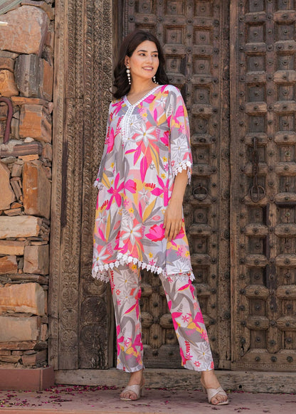 Bannisaa Tropical Bloom Tassel Co-ord Set - Grey Floral Print Ensemble with White Pom-Pom Details