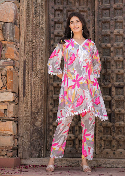 Bannisaa Tropical Bloom Tassel Co-ord Set - Grey Floral Print Ensemble with White Pom-Pom Details