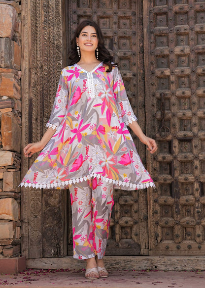 Bannisaa Tropical Bloom Tassel Co-ord Set - Grey Floral Print Ensemble with White Pom-Pom Details