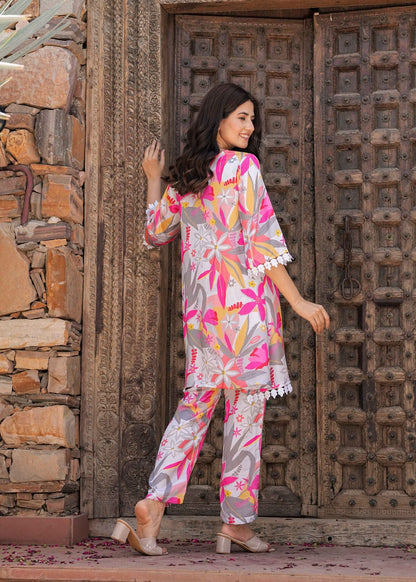 Bannisaa Tropical Bloom Tassel Co-ord Set - Grey Floral Print Ensemble with White Pom-Pom Details