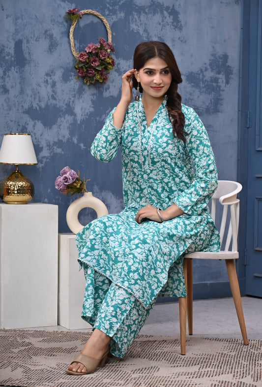 Bannisaa Aqua Bloom Jaipur Cotton Kurta Co-ord Set