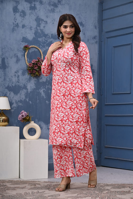 Bannisaa Gulnaar Red Jaipur Cotton Kurta Co-ord Set