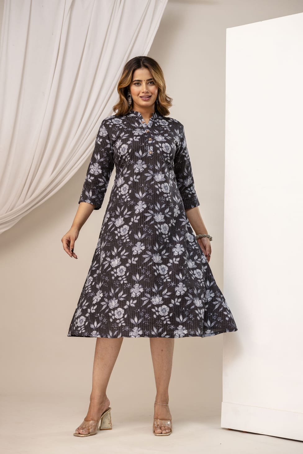 Bannisaa Black Floral A-Line Cotton Kurta Dress