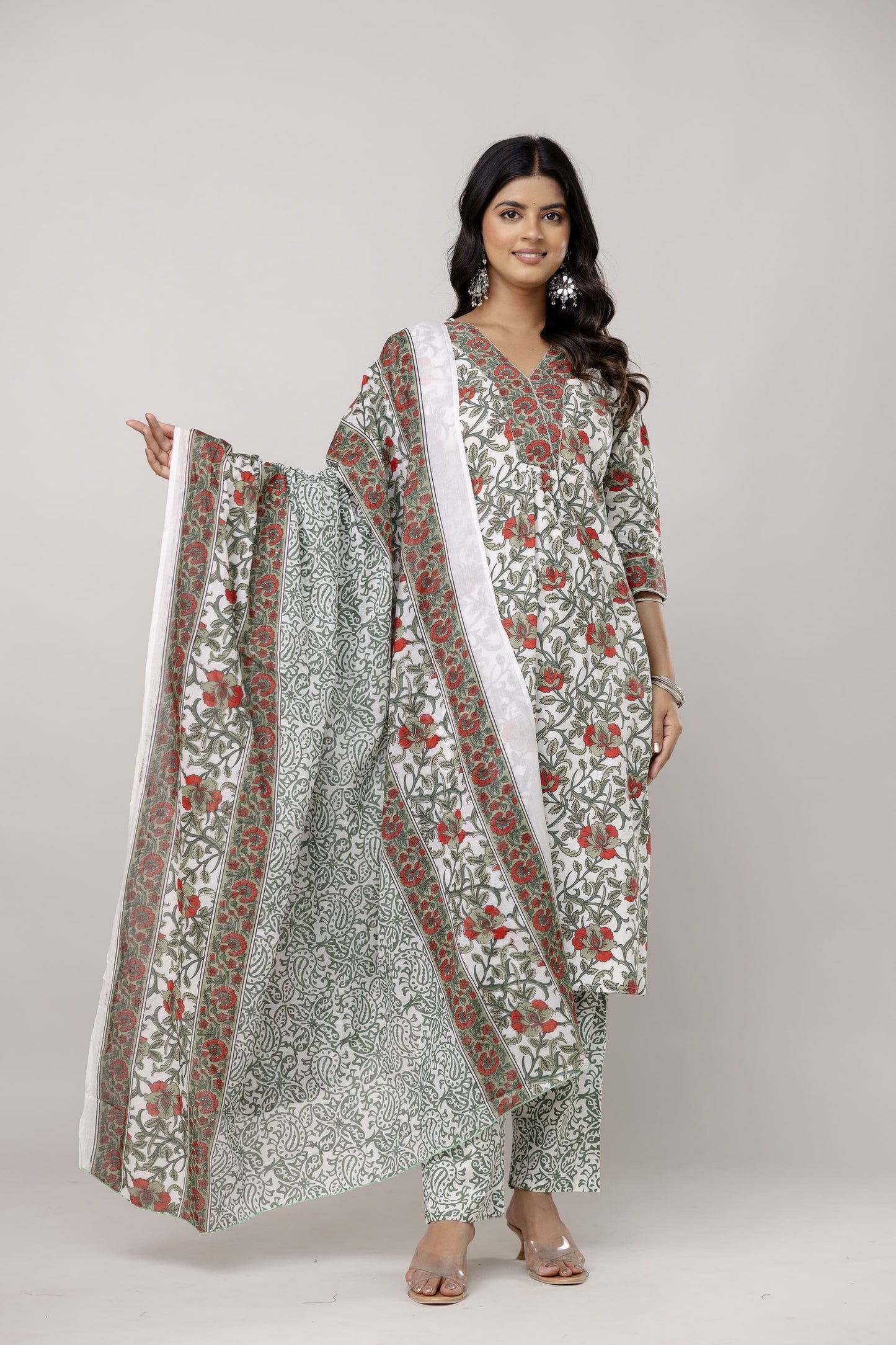 Bannisaa Off-White & Sage Green Floral Cotton 3 piece Kurta Set with Dupatta