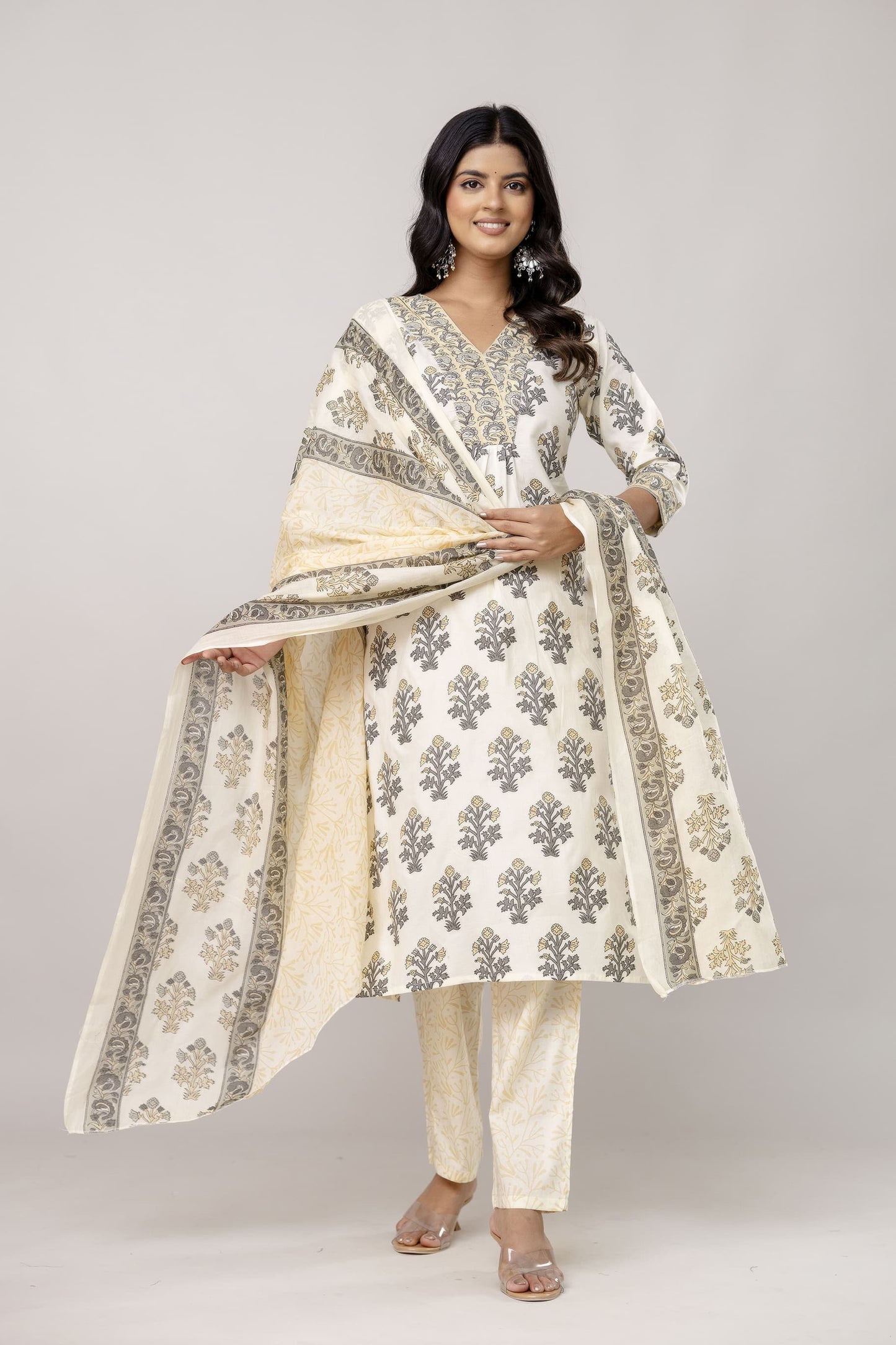 Bannisaa Ivory & Grey Floral Cotton 3 piece Kurta Set with Dupatta
