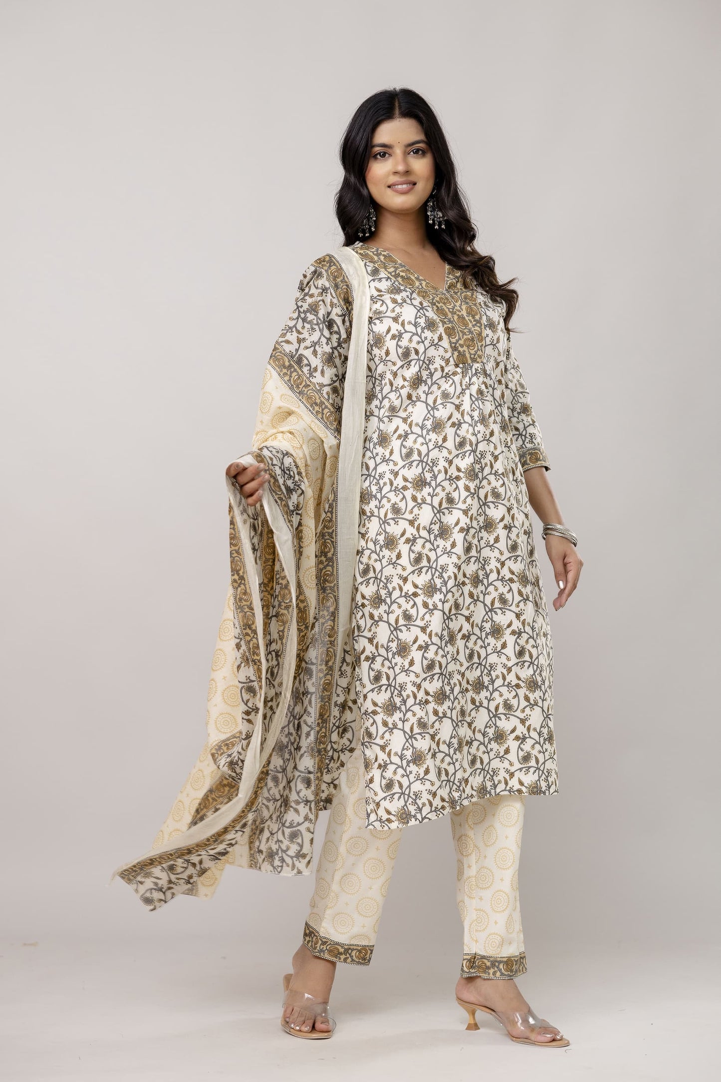 Bannisaa Vintage Cream & Olive Printed Cotton 3 piece Kurta Set with Dupatta