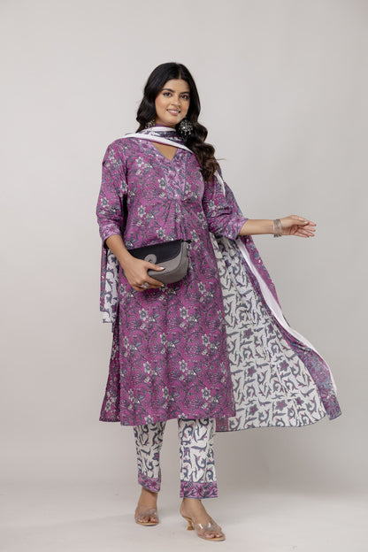 Bannisaa Mauve Purple Floral Cotton 3 piece Kurta Set with Dupatta