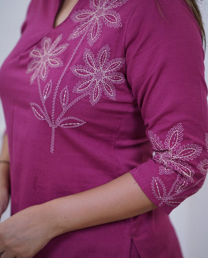 Bannisaa Fuchsia Bloom Embroidered Cotton Co-ord Set