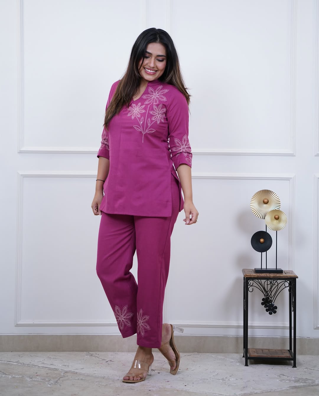 Bannisaa Fuchsia Bloom Embroidered Cotton Co-ord Set