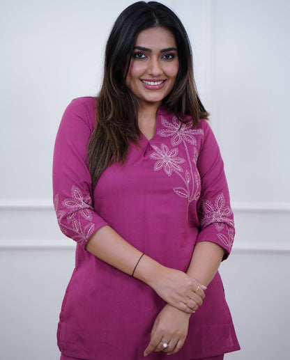 Bannisaa Fuchsia Bloom Embroidered Cotton Co-ord Set