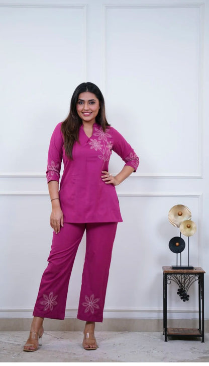 Bannisaa Fuchsia Bloom Embroidered Cotton Co-ord Set