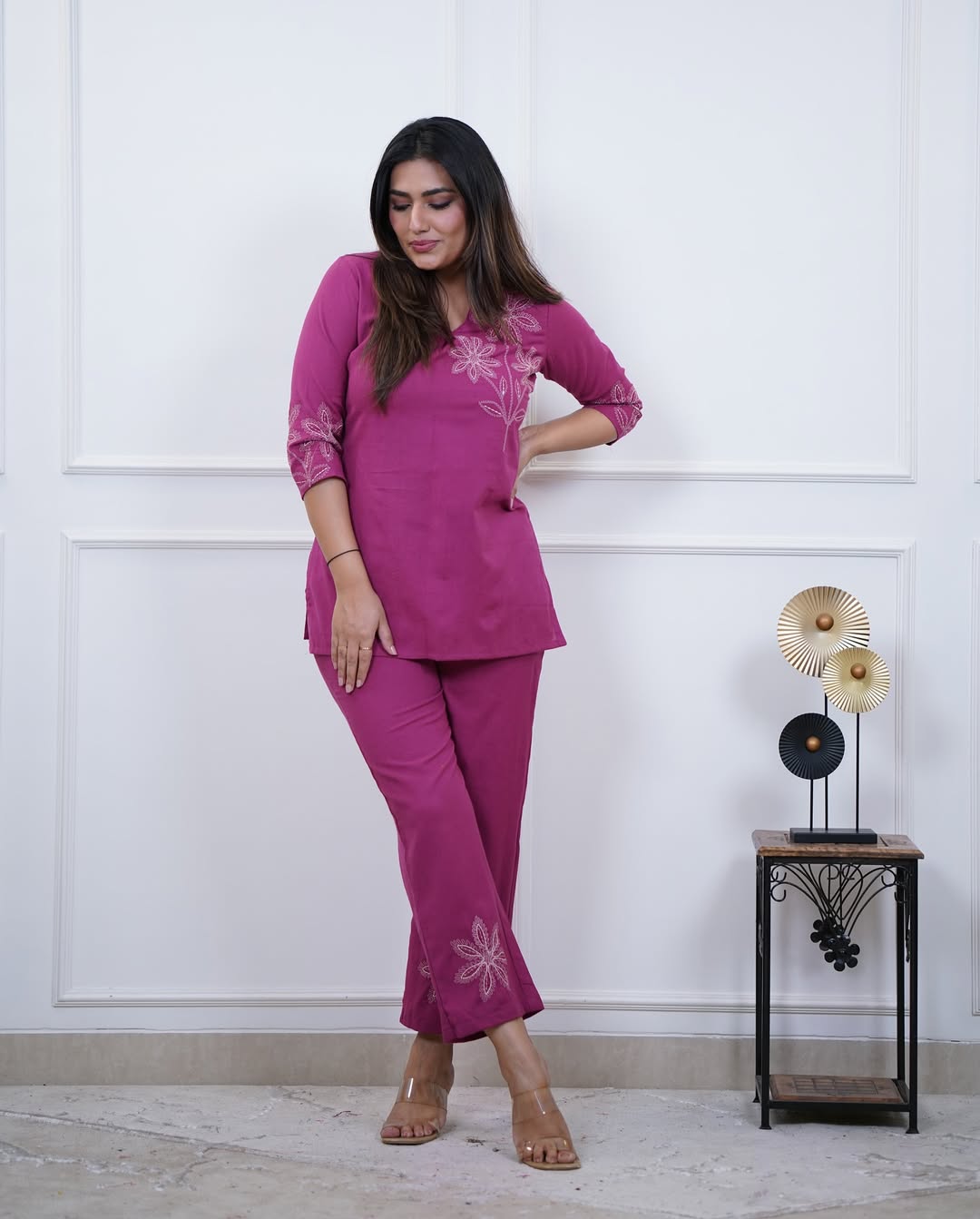 Bannisaa Fuchsia Bloom Embroidered Cotton Co-ord Set
