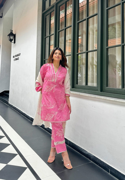 Bannisaa Gulbahaar Blush Pink Embroidered Cotton 3-Piece Suit Set