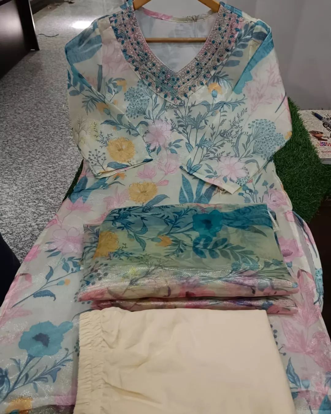 Bannisaa Ivory & Pastel Floral Organza 3-Piece Kurta Set with Dupatta