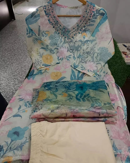 Bannisaa Ivory & Pastel Floral Organza 3-Piece Kurta Set with Dupatta