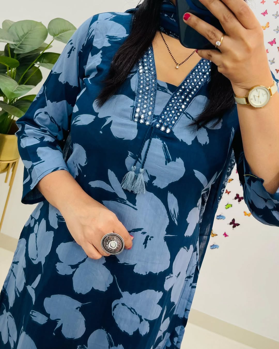 Bannisaa Designer Pure Cotton Set With Hand And Adda Work,  Cotton 3-Piece Kurta Set with Dupatta