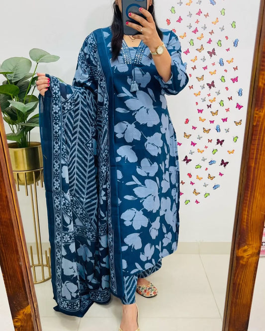 Bannisaa Designer Pure Cotton Set With Hand And Adda Work,  Cotton 3-Piece Kurta Set with Dupatta