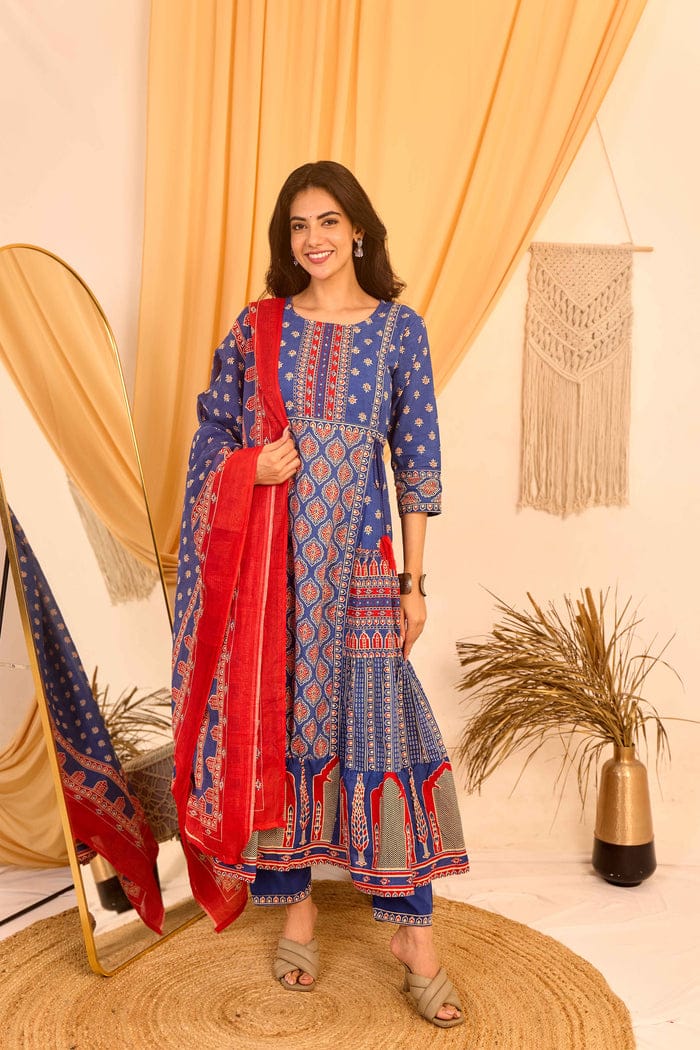 Bannisaa Indigo & Red Ajrakh-Inspired Cotton 3-Piece Kurta Set with Dupatta